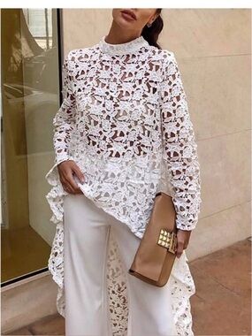 Boutique Pretty Garden XL White Crochet Lace Longline Top high low
